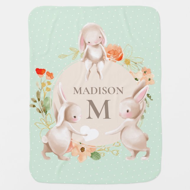 Monogram Bunny Rabbits Floral Girly Personalized Baby Blanket (Front)