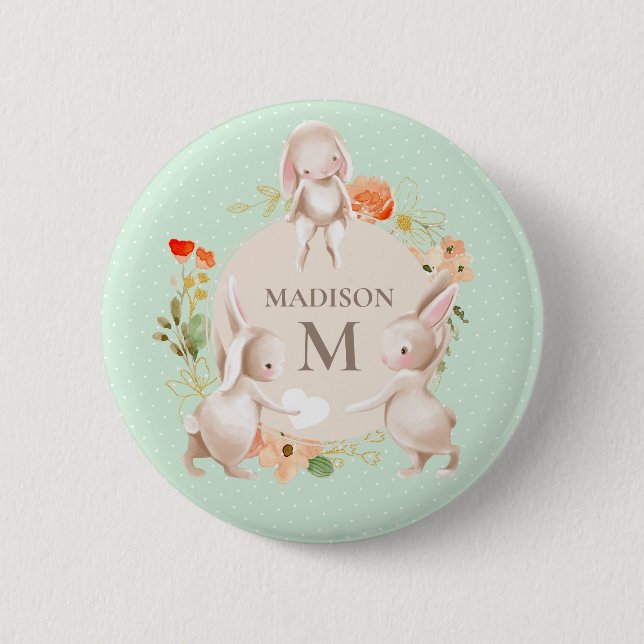 Monogram Bunny Rabbits Floral Girly Personalized Button (Front)