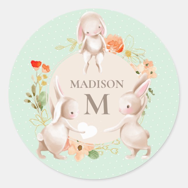 Monogram Bunny Rabbits Floral Girly Personalized Classic Round Sticker (Front)