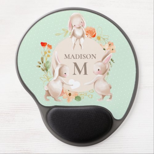 Monogram Bunny Rabbits Floral Girly Personalized Gel Mouse Pad