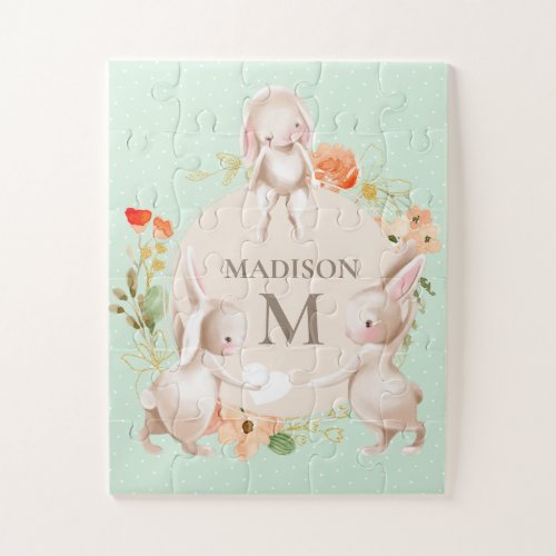 Monogram Bunny Rabbits Floral Girly Personalized Jigsaw Puzzle