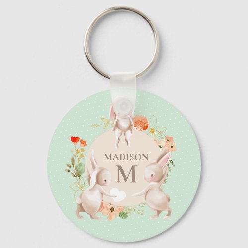 Monogram Bunny Rabbits Floral Girly Personalized Keychain