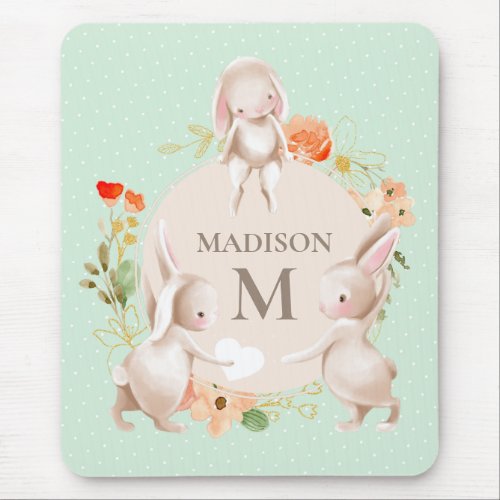 Monogram Bunny Rabbits Floral Girly Personalized Mouse Pad