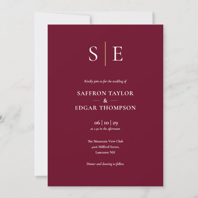 Monogram Burgundy All In One Wedding Invitation (Front)