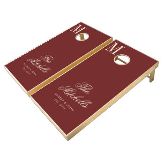 Monogram Burgundy Beige Script Wedding Cornhole Set