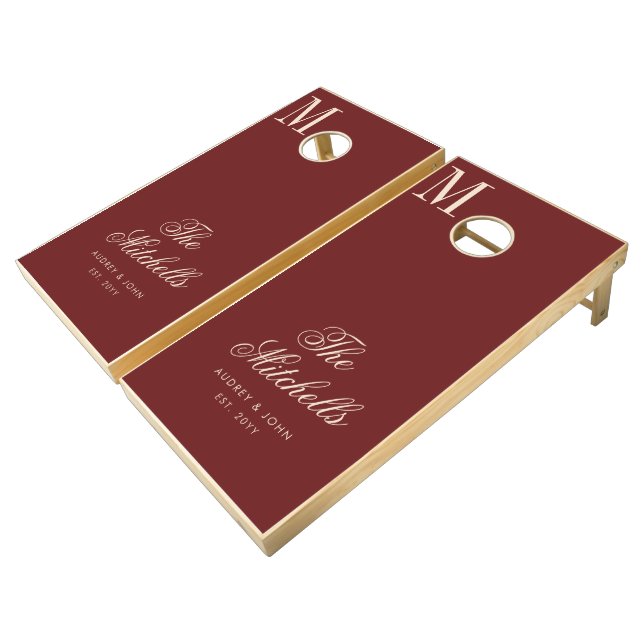 Monogram Burgundy Beige Script Wedding Cornhole Set (Angled)