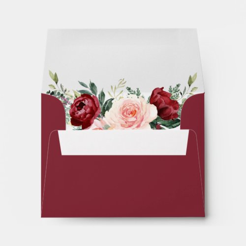 Monogram Burgundy Blush Floral Return Address RSVP Envelope