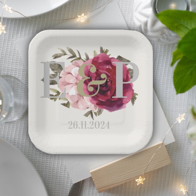 Monogram Burgundy Blush Floral Wedding Party  Paper Plates (Monogram Burgundy Blush Floral Wedding Party Paper Plates)