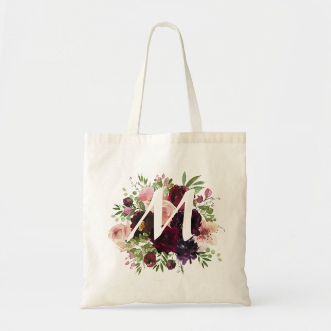 Monogram & Burgundy & Blush Pink Floral Tote Bag (Front)