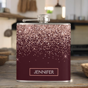 Monogram Burgundy Blush Pink Rose Gold Glitter Flask