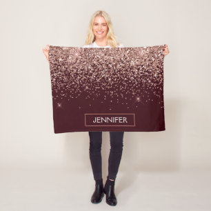 Monogram Burgundy Blush Pink Rose Gold Glitter Fleece Blanket
