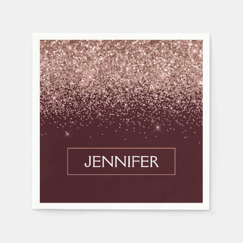 Monogram Burgundy Blush Pink Rose Gold Glitter Napkins