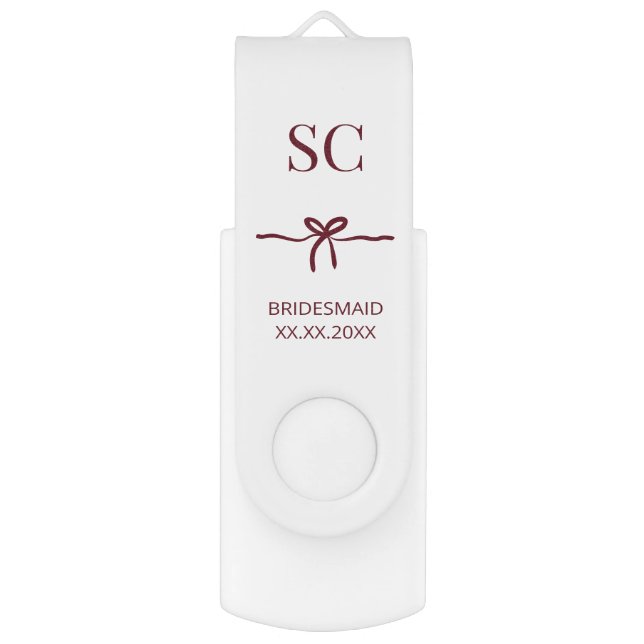 Monogram Burgundy Bow Bridesmaid Modern Name Date Flash Drive (Front Vertical)