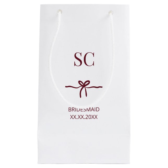 Monogram Burgundy Bow Bridesmaid Modern Name Date Small Gift Bag (Front)