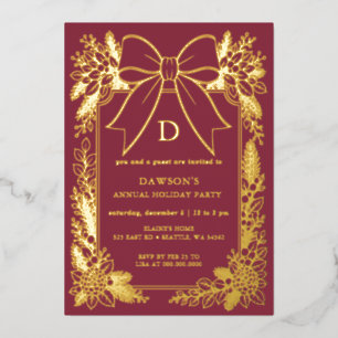 Monogram Burgundy Bow Garland Christmas Party Foil Invitation