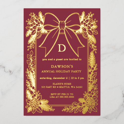 Monogram Burgundy Bow Garland Christmas Party Foil Invitation