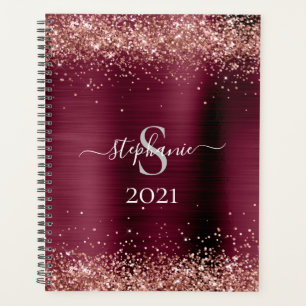 Monogram Burgundy Brown Faux-Glitter Girly Glam Planner