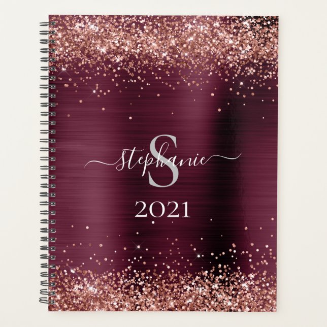 Monogram Burgundy Brown Faux-Glitter Girly Glam Planner (Front)