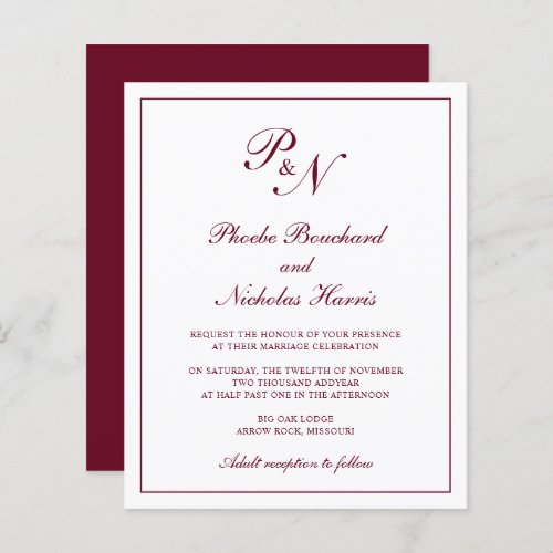 Monogram Burgundy Budget Wedding Invitation