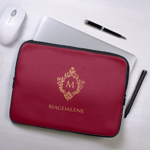 Monogram Burgundy Elegant Vintage Faux Gold Crest Laptop Sleeve