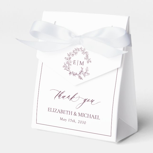 Monogram Burgundy Elegant Wedding Thank You Favor Boxes (Front Side)