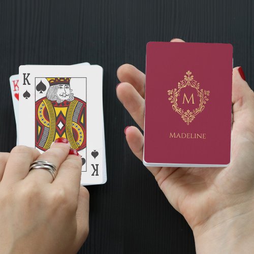 Monogram Burgundy Faux Gold Crest Elegant Vintage  Poker Cards