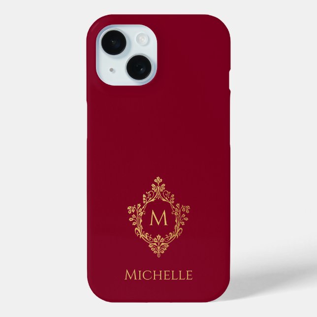 Monogram Burgundy Faux Gold Crest Initial and Name Case-Mate iPhone Case (Back)