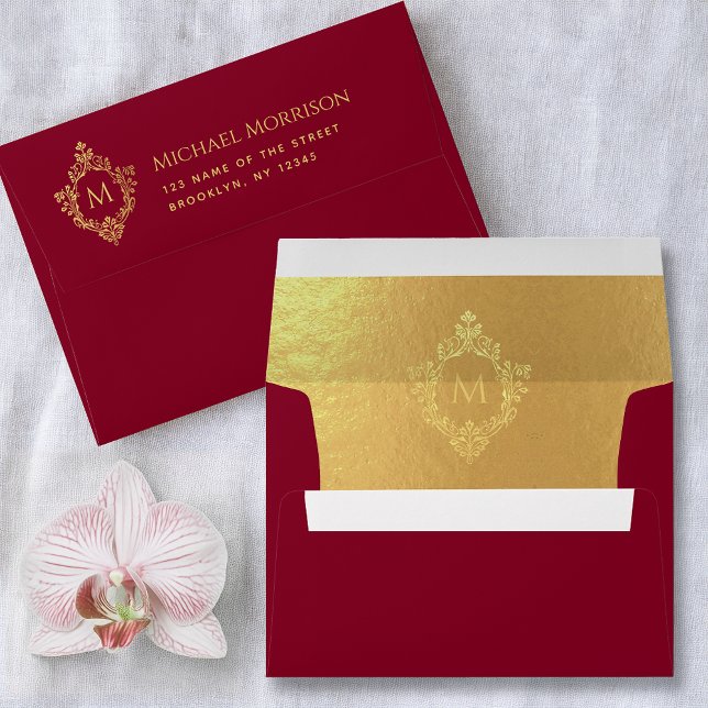 Monogram Burgundy Faux Gold Vintage Crest Address Envelope (Creator Uploaded)