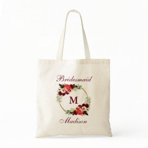 Monogram Burgundy Floral Gold Circle Bridesmaid Tote Bag