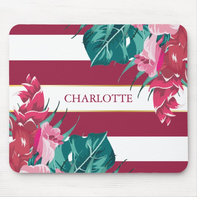 Monogram burgundy Floral striped Mouse Pad (Front)