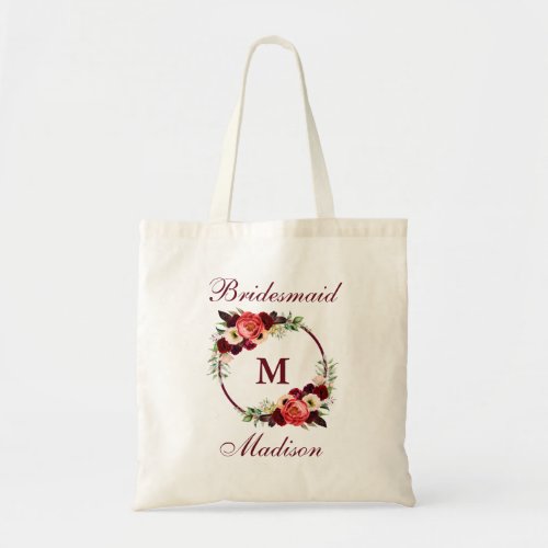 Monogram Burgundy Floral Wreath Bridesmaid Tote Bag