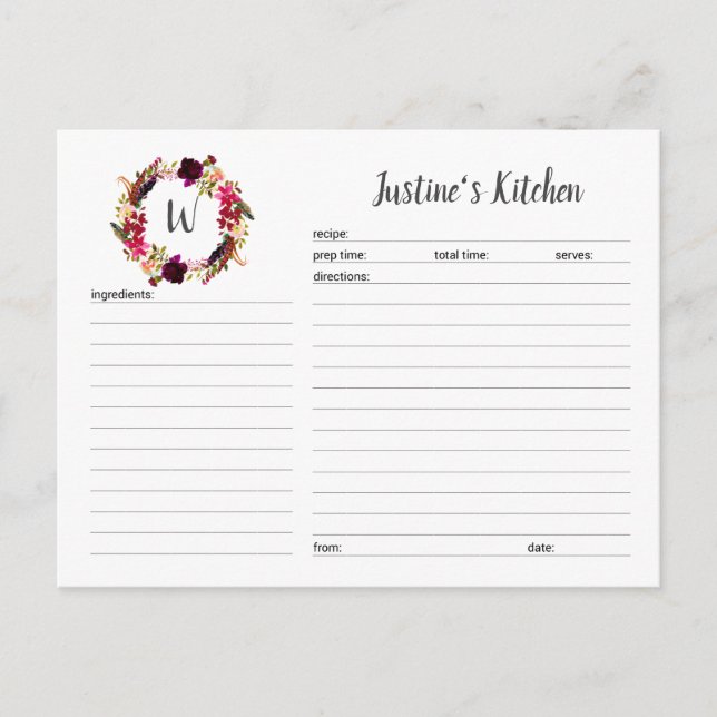 Monogram Burgundy Floral Wreath recipe cards (Front)