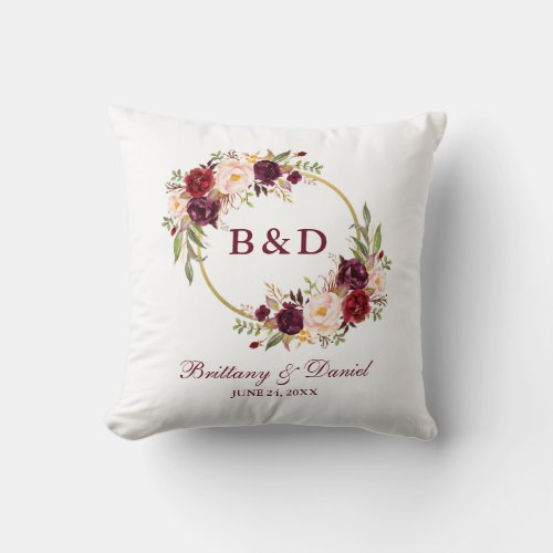 Monogram Burgundy Floral Wreath Wedding Throw Pillow