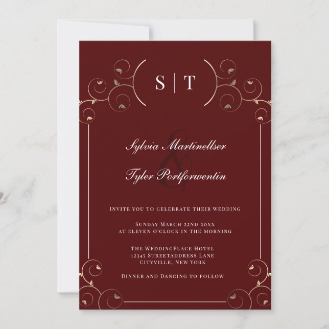 Monogram Burgundy Gold Leaves Wedding Invitation (Front)