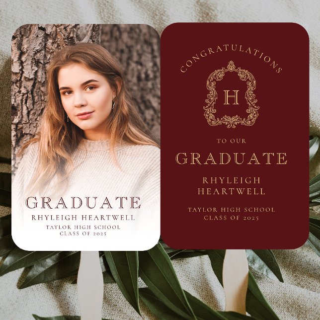 Monogram Burgundy Gold Photo Graduation Hand Fan (Creator Uploaded)