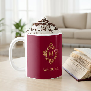 Monogram Burgundy Gold Vintage Ornate Crest Name Coffee Mug