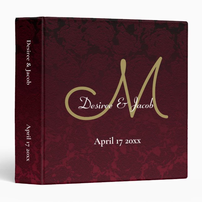 Monogram Burgundy Gold White Wedding Album 3 Ring Binder (Front/Spine)