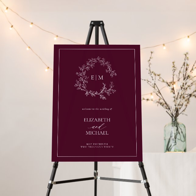 Monogram Burgundy Leafy Crest Welcome Wedding Foam Board (In Situ (Stand))
