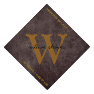 Monogram burgundy leather black script name chic graduation cap topper