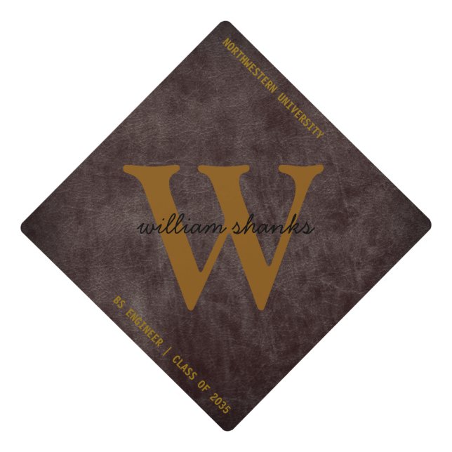 Monogram burgundy leather black script name chic graduation cap topper (Front)