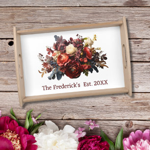 Monogram Burgundy Maroon Coral White Moody Florals Serving Tray