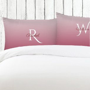 Monogram Burgundy Ombre Gradient Wedding Couple Pillow Case