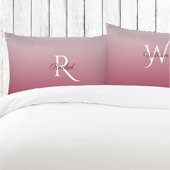 Monogram Burgundy Ombre Gradient Wedding Couple Pillow Case (Creator Uploaded)