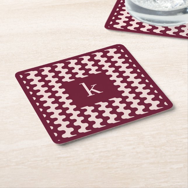 Monogram Burgundy Pink Bold Wavy Pattern Square Paper Coaster (Angled)