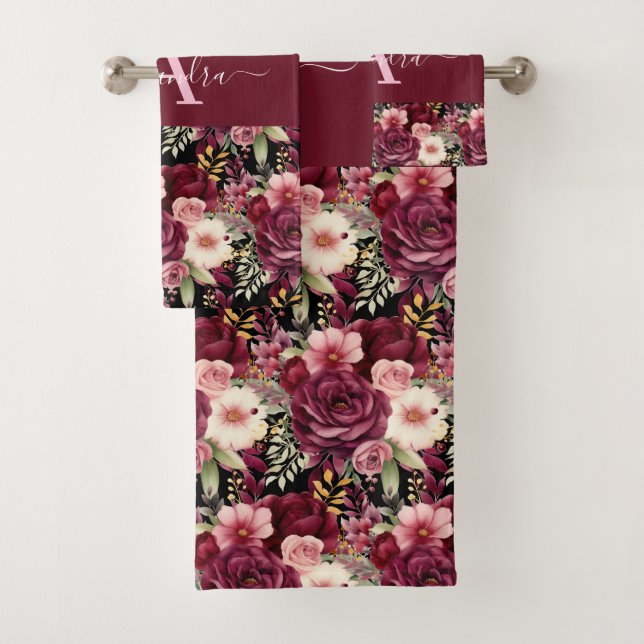 Monogram Burgundy & Pink Floral Elegant Towel Set (Insitu)