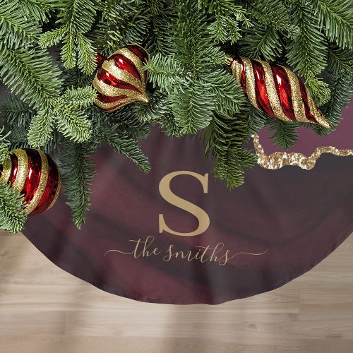 Monogram Burgundy Red  Gold Elegant Christmas Brushed Polyester Tree Skirt