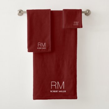 Monogram Burgundy Red Modern Minimalist Stylish  Bath Towel Set by HasCreations at Zazzle