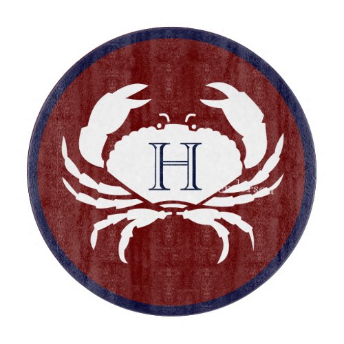 Monogram Burgundy Red Navy Blue White Crab Coastal Cutting Board