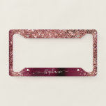 Monogram Burgundy Rose Gold Faux-Glitter Girly License Plate Frame<br><div class="desc">This elegant license plate frame features burgundy brushed metal background with sparkling rose gold Faux-Glitter borders. Add your name for a personal touch.</div>