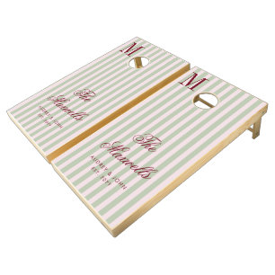 Monogram Burgundy Sage Green Stripes Wedding Cornhole Set